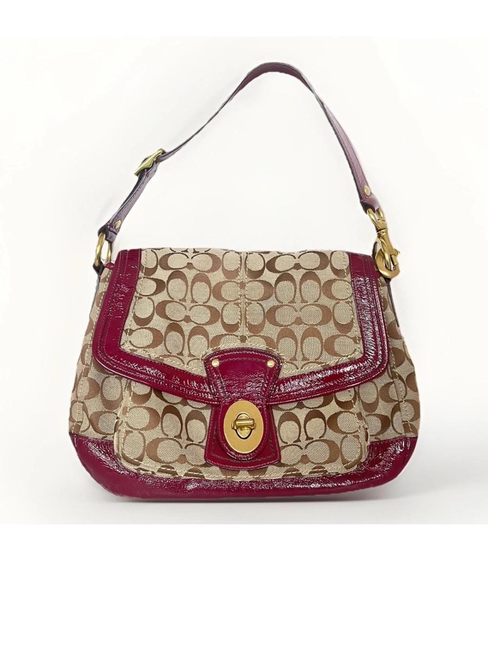 Coach Legacy Signature Ali Flap Shoulder Bag In Khaki & Wine Patent Leather Trim